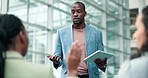 Business people, audience question and speaker on tablet for workshop, training and presentation or proposal. Advice, marketing ideas and clients with meeting feedback and man on digital technology