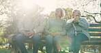 Relax, conversation and peace with old people on park bench for retirement, happy and calm. Smile, health and freedom with senior friends in garden for wellness, nature and happiness together