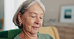 Senior woman, face and memory in a retirement home with thinking and nostalgia. Elderly female person, relax and wedding photograph in a living room on a sofa with gratitude on a lounge couch