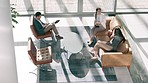 Business people, office and sofa with conversation and planning in advertising agency. Communication, couch and workplace above with creative team discussion of staff in startup company and lounge