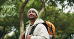 Hiking, man and backpack for travel, journey and adventure on holiday outdoor. Camping, relax male person and view on vacation with walking and trekking in nature and woods with freedom in forest