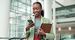 Phone, happy and businesswoman networking in the office on social media, mobile app or the internet. Technology, smile and young African female lawyer typing a text message on cellphone in workplace.