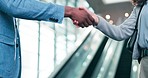 Handshake, welcome and business people with partnership, deal or b2b collaboration with lens flare. Shaking hands, agreement and employees in cooperation, support and thank you for offer in company