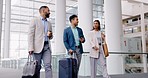 Business team, travel and communication in a airport with commute and suitcase for trip. Conversation, professional group and friends with worker walking and baggage for work seminar while talking