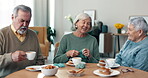 Tea, old people or friends laughing in retirement talking for support for bonding together in nursing home. Coffee drink, smile or funny man with happy elderly women for senior friendship to relax 