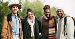 Happy, face and friends in nature for camping, forest holiday or excited for safari. Smile, hug and portrait of young men and women in a park or woods for travel, vacation and laughing together