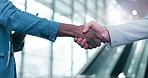 Handshake, welcome and employees with collaboration, deal or b2b partnership on bokeh lens flare. Shaking hands, agreement and business people in cooperation, support or thank you for success closeup