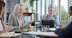 Mentor, planning and teamwork with business people in meeting for project management, strategy and training. Review, speaker and workshop with employees in office for coaching and collaboration