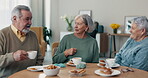 Tea, old people or friends in retirement talking for support, care or trust for bonding together in nursing home. Coffee, drink or man with elderly women for senior friendship, kindness or solidarity