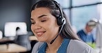 Happy woman, consulting and talking in telemarketing office for customer service, business advisory or CRM questions. Face of agent, tech support and telecom in call center for sales, FAQ and contact