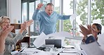 Business people, success and manager throw paper in celebration of goals, target and winning deal. Happy team, boss and dance to celebrate with documents in air for bonus, motivation and applause