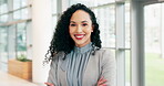 Happy, arms crossed and face of business woman in office for professional, manager and pride. Creative, happiness and entrepreneur with portrait of female employee for career, positive and confidence