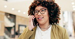 Phone call, business woman and walking in office with network for communication. Happy, smartphone and young female entrepreneur talking to a contact for negotiation, conversation and networking
