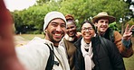 Friends, camping and outdoor with selfie, peace sign and smile on face for memory on adventure in nature. Group, young people and portrait for holiday, blog or social media in woods, forrest or field