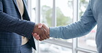 Business men, office and shaking hands for deal, HR partnership and praise achievement. Closeup, teamwork and handshake for success, support and b2b networking with trust, hiring or hello for meeting