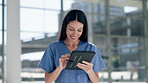 Nurse, happy woman and tablet in hospital for medical analysis, telehealth or online results. Female surgeon, healthcare doctor or digital technology for planning data, clinic research or information