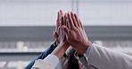 Hands, high five and closeup with business people, group and teamwork with solidarity, goals and motivation. Team building, support and together for vision, project and collaboration at finance job