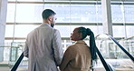 Escalator, talking or business people walking on office stairs together for networking or communication. Back, diversity or employees enjoy speaking of vision in discussion while moving on lift steps