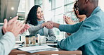 Business people, handshake and applause for meeting, teamwork or promotion at the office. Woman and man shaking hands at conference and clapping for deal, agreement or congratulations at workplace