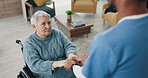 Wheelchair, support or old woman holding hands with nurse for support or empathy for healthcare service. Love, trust or sick elderly patient with a disability in nursing consultation with caregiver