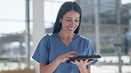 Nurse, woman or smile with tablet in hospital for healthcare, telehealth analysis or online innovation. Happy surgeon, medical doctor or digital tech for planning data, clinic research or information