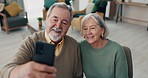 Senior couple, selfie and smile in home for blog, post or memory with romance, love and bonding in retirement. Old man, elderly woman and happy for profile picture, photography or social network app