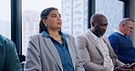 Job search, opportunity and business people in waiting room for interview with anxiety at recruitment agency. Human resources, hiring and onboarding, diversity with men and women in lobby together.