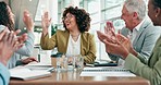 Business people, high five and applause in meeting for promotion, teamwork or success at the office. Employees clapping for colleague, team achievement or winning in congratulations at the conference
