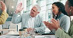 Business people, high five and applause in meeting for leadership, teamwork or success at the office. Employees clapping for man CEO, team achievement or winning in congratulations at the conference