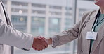 Handshake, collaboration and business people in partnership for deal, support and cooperation for success. Teamwork, shaking hands and professional in agreement for b2b negotiation, crm and thank you