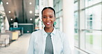 Happy, smile and business with black woman walking in office for professional, manager and pride. Creative, happiness and entrepreneur with portrait of employee for career, positive and confidence