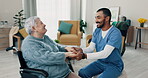 Wheelchair, old woman or caregiver holding hands for support or empathy for healthcare service. Cancer therapy, happy or sick elderly patient with a disability in nursing consultation with male nurse