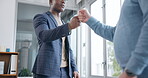 Business men, hands and fist bump in an office for greeting, celebration or teamwork motivation. Friends, partnership and entrepreneur people together for success, hand gesture and support or hello