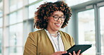 Happy, black woman and reading tablet in office or communication on social media, network or inspiration on internet. Online, research and businesswoman with news, report or walking in workplace