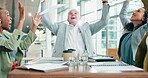 Throw, paper and business people for meeting success, celebration and project news, bonus and applause. Winner, teamwork and group of men, women and CEO clapping, wow and yes with documents in air