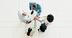 Business people, hands together and success for teamwork, support or collaboration goals, motivation and applause. Circle, group and men and women with stack sign, team building and celebration above