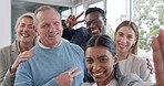 Business people, team and funny selfie with laugh, peace sign, heart and comic face with diversity. Businessman, women and team building in office, group memory and profile picture for social network