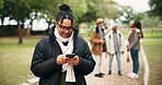 Phone, woman and typing in nature for hiking, travel and adventure outdoor. Smartphone, smile and African person in countryside, park or forest for social media, internet or online for winter holiday