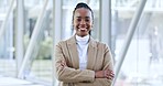 Face, lawyer and black woman with arms crossed in office for business in company. African attorney, confidence and portrait of happy person, funny professional or legal advocate from Nigeria laughing