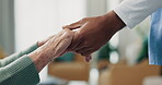 Holding hands, closeup and nursing home with caregiver, support or kindness for senior person in retirement. Nurse, elderly patient and homecare with empathy, solidarity or rehabilitation for healing