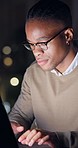 Night, remote work and happy black man on laptop for internet, search and idea inspiration on bokeh background. Freelance, research and African male workaholic smile for online late for email or news