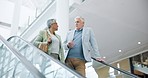 Escalator, discussion and business people speaking at the office while working together. Communication, conversation and senior professional lawyers talking while on moving stairs in the workplace.