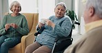 Discussion, cup of coffee and elderly friends talking, bonding and relaxing together in the living room. Happy, laughing and senior people in retirement speaking and knitting in the lounge at home.