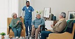 Elderly people, smile and group talking with nurse for care, love or happy in retirement home. Senior, caregiver or volunteer man with charity, support or healthcare conversation, nursing or wellness