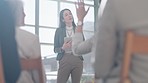 Tablet, question and a business woman giving a presentation in the boardroom for training or coaching. Technology, hand raised and a female speaker answering an audience during a seminar or workshop