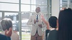 Presentation, tradeshow and black man on tablet with applause from audience for conference success. Corporate, office and male speaker with business people clapping in workshop, convention or seminar