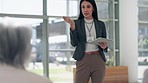 Tablet, question and a woman speaker giving a presentation in the boardroom for training or coaching. Technology, answer and a business person talking to an audience during a seminar or workshop