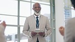 Presentation, conference and black man on tablet with applause in audience for success or support. Corporate, office and male speaker with business people clapping in workshop, convention or seminar