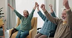 Elderly friends, home and watching tv with celebration, happy and fist in air with man, women and sport fans. Senior group, retirement and excited for goals, winning and cheers for team on television