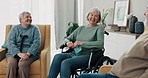 Conversation, happiness and elderly friends in the living room of their nursing or retirement home. Happy, discussion and group of senior people with disability talking in lounge together at house.